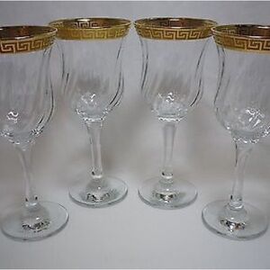 SET OF 4 CRYSTAL SWIRL PATTERN WINE GOBLETS GOLD GREEK KEY PATTERN